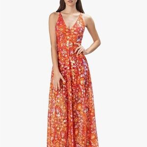 Dress the population orange sequin floral gown size XL